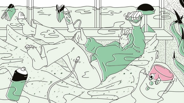 Comic-Zeichnung: Ein Frau ertrinkt in einem überschwemmten Zimmer