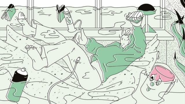 Comic-Zeichnung: Ein Frau ertrinkt in einem überschwemmten Zimmer Comic-Zeichnung: Ein Frau ertrinkt in einem überschwemmten Zimmer