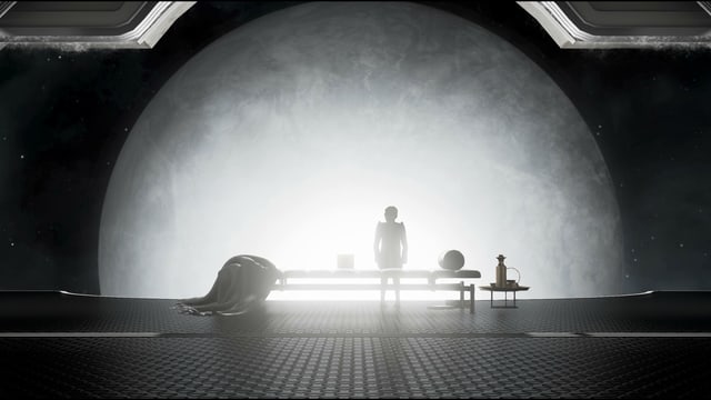 En sitzt alleine auf einer Bank in der Raumstation und betrachtet das Universum. En sitzt alleine auf einer Bank in der Raumstation und betrachtet das Universum.