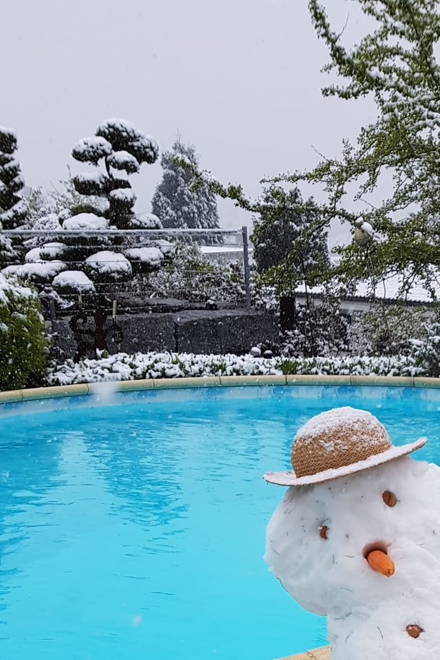 Schneemann an einem Pool. Schneemann an einem Pool.