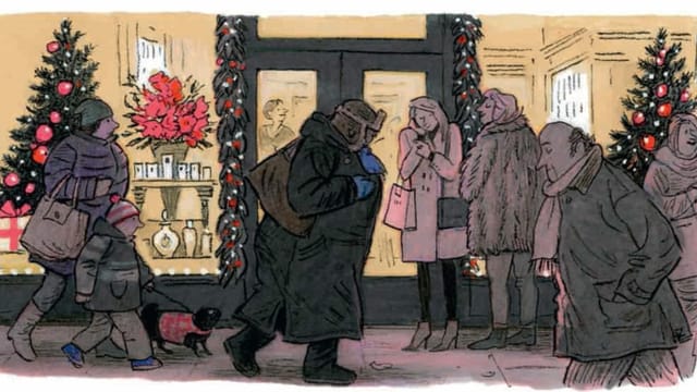 Frau von der Seite stapft über eine Shopping-Meile. Sie ist gerade auf der Höhe eines Schaufensters, das weihnächtlich dekoriert ist. Frau von der Seite stapft über eine Shopping-Meile. Sie ist gerade auf der Höhe eines Schaufensters, das weihnächtlich dekoriert ist.