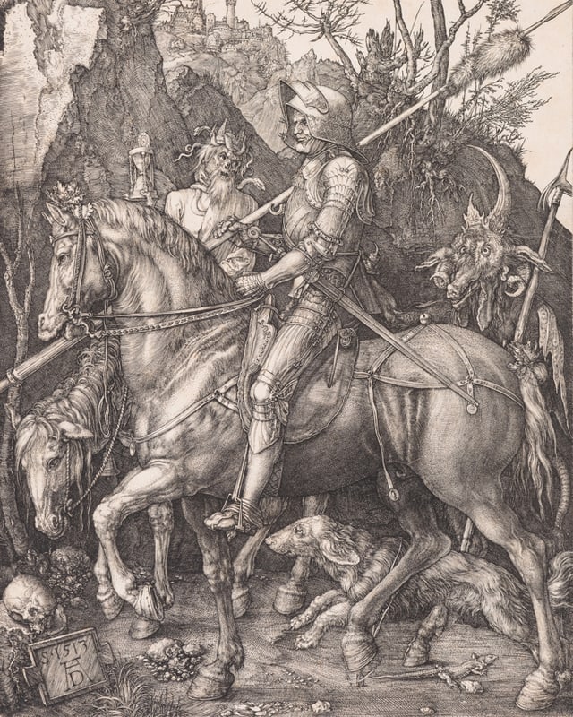 Ein Ritter, umgeben von Tieren und fabelhaften Gestalten.