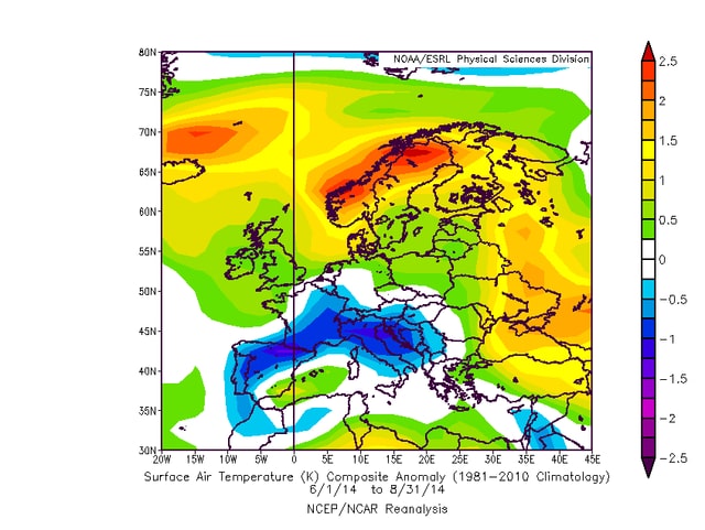 Skandinavien erscheint auf der Karte orange und rot, der Alpenraum blau. Skandinavien erscheint auf der Karte orange und rot, der Alpenraum blau.