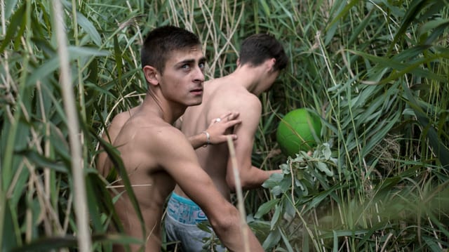 Zwei junge Männer schlagen sich mit einem Ball durchs hohe Grass. Zwei junge Männer schlagen sich mit einem Ball durchs hohe Grass.