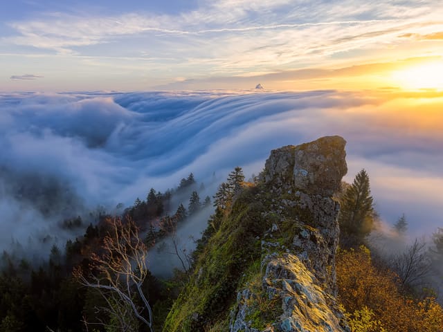 Nebelmeer bei einem Hügel mit Nebelfall auf die linke Seite. Die Sonne geht gerade auf und der Himmel ist gelblich.