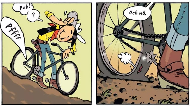 Ein gezeichneter Cowboy auf dem Fahrrad - er hat mit seinen Sporen aus Versehen einen Platten verursacht. Ein gezeichneter Cowboy auf dem Fahrrad - er hat mit seinen Sporen aus Versehen einen Platten verursacht.
