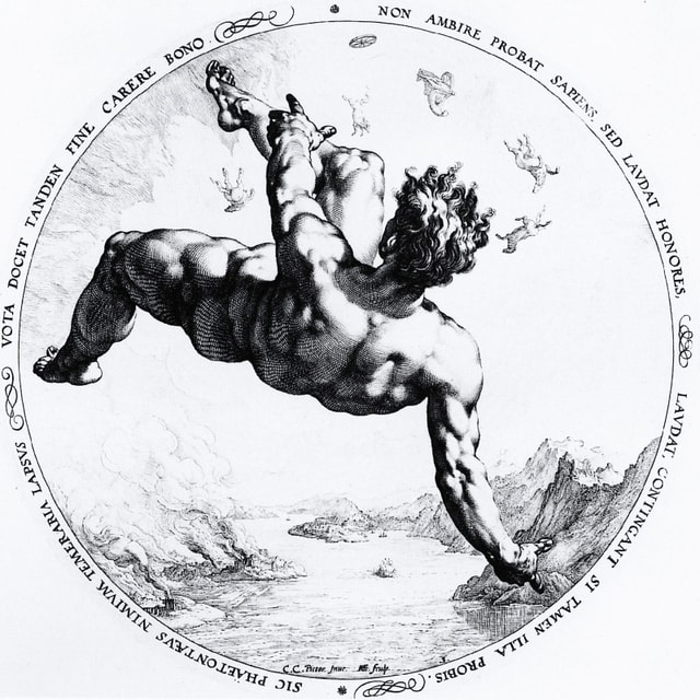 Kupferstich eines fallenden Mannes. Kupferstich eines fallenden Mannes.
