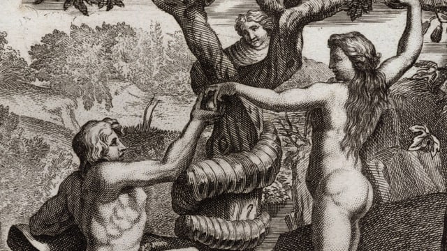 Stich, Eva zeigt, wie sie Adam einen Apfel reicht. Stich, Eva zeigt, wie sie Adam einen Apfel reicht.