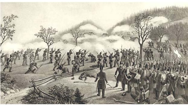 Sonderbundskrieg, Das Bataillon Nr. 3 (Zürich) rückt während der Schlacht bei Meierskappel am 23. November 1847 vor. Sonderbundskrieg, Das Bataillon Nr. 3 (Zürich) rückt während der Schlacht bei Meierskappel am 23. November 1847 vor.