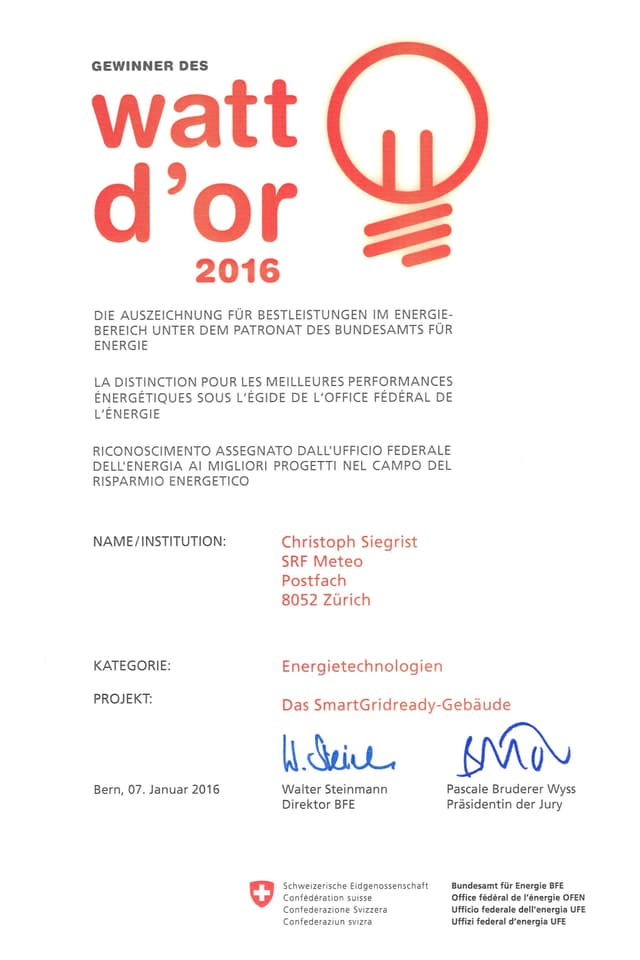 Die Auszeichnungsurkunde des Watt d'Or 2016. Die Auszeichnungsurkunde des Watt d'Or 2016.