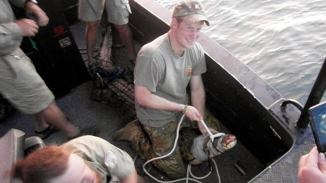 Prinz Harry sitzt auf eine Krokodil Prinz Harry sitzt auf eine Krokodil