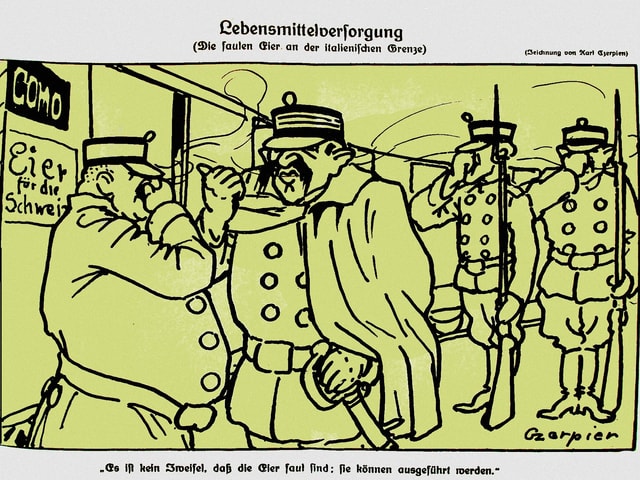 Karikatur. Vier Soldaten stehen vor einem Güterzug und halten sich die Nase zu ob dem schlechten Geruch der gelieferten Eier.
