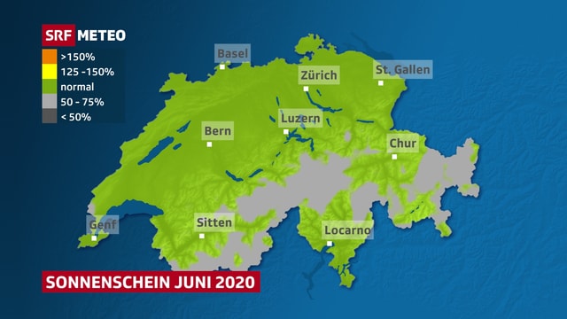 Schweizer Karte mit der Sonnenscheindauer im Juni 2020. Schweizer Karte mit der Sonnenscheindauer im Juni 2020.