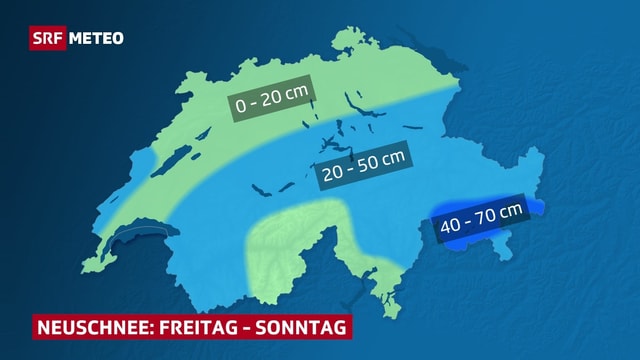 Neuschneesummen über das Wochenende in der Schweiz auf der Karte als Farbfläche dargestellt.