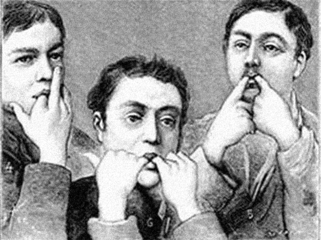 Eine Zeichnung von drei Männern, die mit den Fingern im Mund pfeifen. Eine Zeichnung von drei Männern, die mit den Fingern im Mund pfeifen.