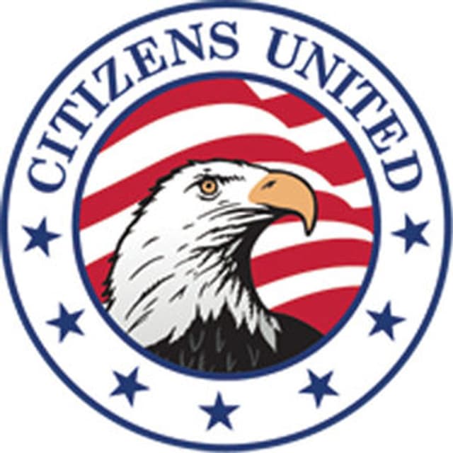 Wappen mit Weisskopfadler vor US-Flagge, darüber steht Citizens United Wappen mit Weisskopfadler vor US-Flagge, darüber steht Citizens United