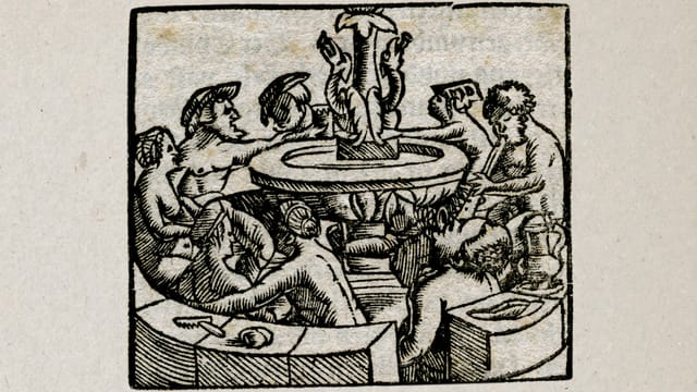 Alter Holzschnitte: Nackte Männer und Frauen sitzen um einen Brunnen. Alter Holzschnitte: Nackte Männer und Frauen sitzen um einen Brunnen.
