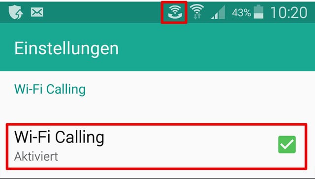 Ein Screenshot des Samsung S5 mit Häkchen bei "Wi-Fi Calling" und oben in der Leiste hat es ein neues Verbindungssymbol. Ein Screenshot des Samsung S5 mit Häkchen bei "Wi-Fi Calling" und oben in der Leiste hat es ein neues Verbindungssymbol.