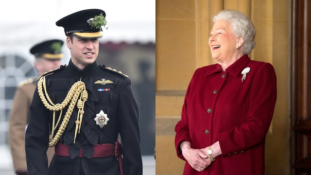 Prinz William in Uniform lächelt. Rechts in einem anderen Bild eine lachende Queen in einem roten Kostüm. Prinz William in Uniform lächelt. Rechts in einem anderen Bild eine lachende Queen in einem roten Kostüm.