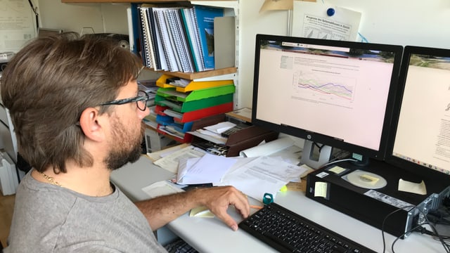 Ein Mann mit braunen Haaren und Brille sitzt vor zwei Computer-Bildschirmen und hat die Hand auf der Tastatur. Ein Mann mit braunen Haaren und Brille sitzt vor zwei Computer-Bildschirmen und hat die Hand auf der Tastatur.