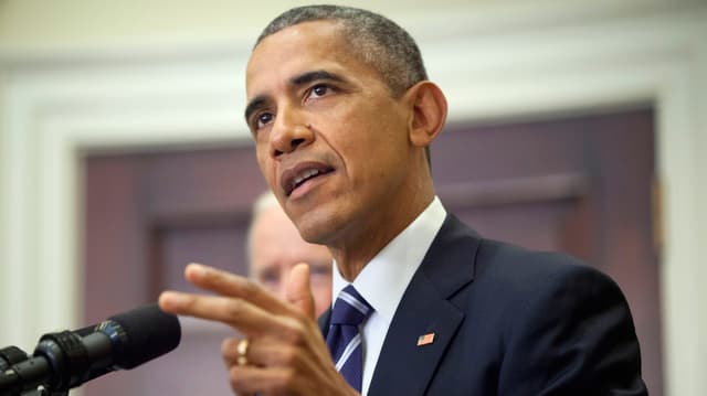 Barack Obama gibt eine Medienkonferenz. Barack Obama gibt eine Medienkonferenz.