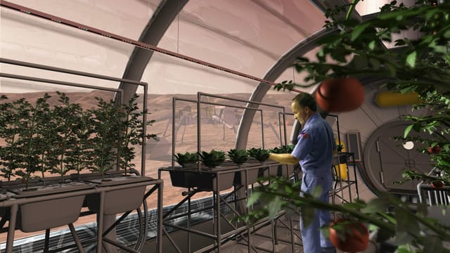 eine Visualisierung, wo ein Mann Gemüse erntet im Treibhaus auf dem Mars eine Visualisierung, wo ein Mann Gemüse erntet im Treibhaus auf dem Mars
