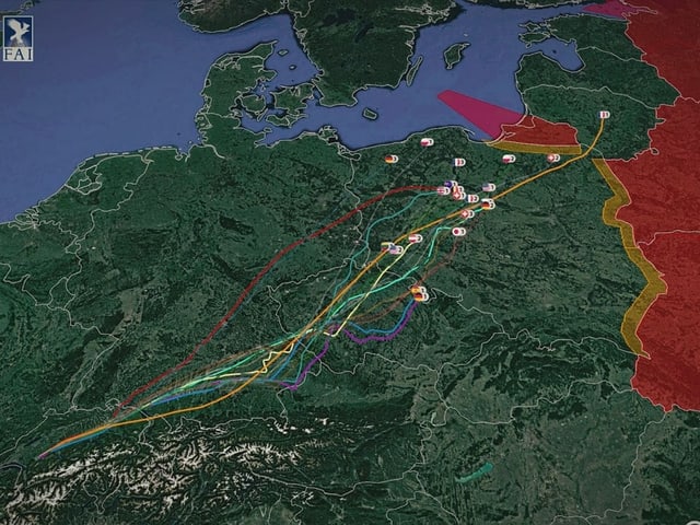 Auf einer Karte sind die Flugwege der Gasballon, vom Wettbewerb 2017, eingetragen. Auf einer Karte sind die Flugwege der Gasballon, vom Wettbewerb 2017, eingetragen.