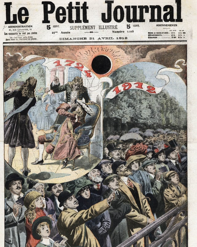 Das Cover einer Zeitschrift zeigt die Ilustration einer Menschenmenge, die eine Sonnenfinsternis betrachtet. Das Cover einer Zeitschrift zeigt die Ilustration einer Menschenmenge, die eine Sonnenfinsternis betrachtet.