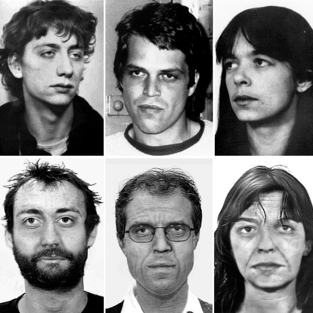Die drei gesuchten RAF-Mitglieder: oben Fotos von damals, unten Fotos, künstlich gealtert. Die drei gesuchten RAF-Mitglieder: oben Fotos von damals, unten Fotos, künstlich gealtert.