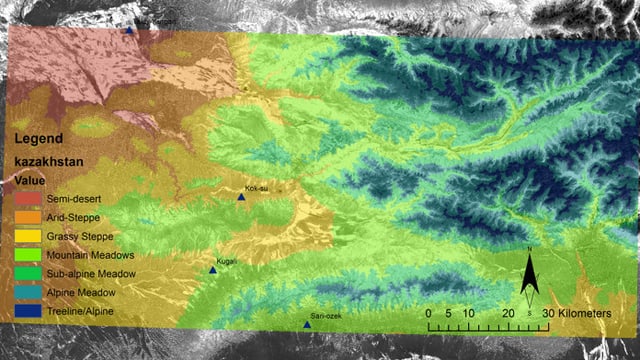 Satellitenbild von Kasachstan mit Einfärbungen, die zeigen, wo es fruchtbare und wo es trockene Regionen gibt. Satellitenbild von Kasachstan mit Einfärbungen, die zeigen, wo es fruchtbare und wo es trockene Regionen gibt.