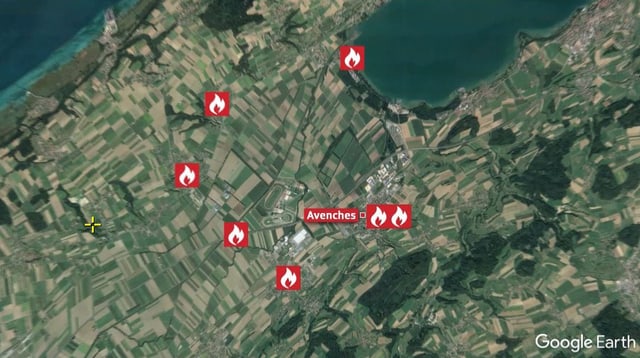 Karte mit der Angabe von sieben Bränden in der Region um Avenches. Karte mit der Angabe von sieben Bränden in der Region um Avenches.