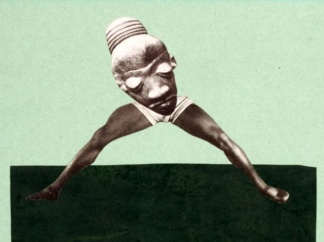 Collage aus muskulösen Boxerbeinen und einer afrikanischen Maske. Collage aus muskulösen Boxerbeinen und einer afrikanischen Maske.