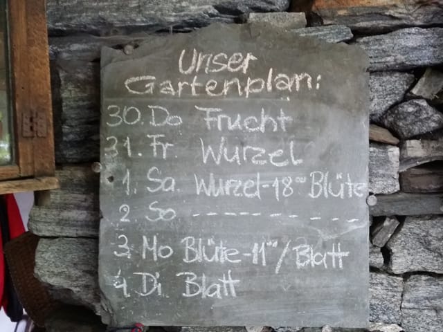 Auf einer Schifertafel steht mit Kreide, was wann zu tun ist, zB am Donnerstag: Frucht.