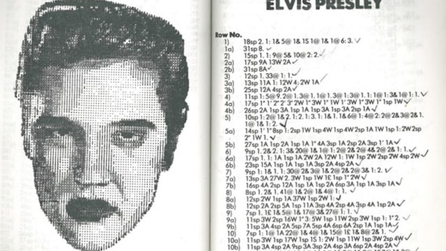Links ein Kopf von Elvis Presley, rechts eine Liste von Zahlen und Ziffern. Links ein Kopf von Elvis Presley, rechts eine Liste von Zahlen und Ziffern.