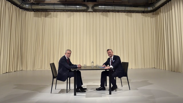 Van der Bellen und Hofer an einem Tisch in leerem TV-Studio Van der Bellen und Hofer an einem Tisch in leerem TV-Studio