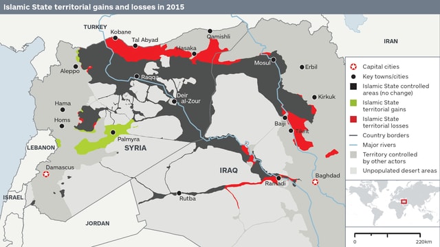 Zu sehen ist eine Landkarte mit den Ländern Syrien und Irak. Darauf sieht man ein angemaltes Gebiet, welches sich mit vier Armen über Syrien und den Irak erstreckt - das IS-Gebiet. Im Norden sind rund 14 Prozent rot eingefärbt, es bedeutet, dass der IS dort Gebiete verloren hat. Zu sehen ist eine Landkarte mit den Ländern Syrien und Irak. Darauf sieht man ein angemaltes Gebiet, welches sich mit vier Armen über Syrien und den Irak erstreckt - das IS-Gebiet. Im Norden sind rund 14 Prozent rot eingefärbt, es bedeutet, dass der IS dort Gebiete verloren hat.