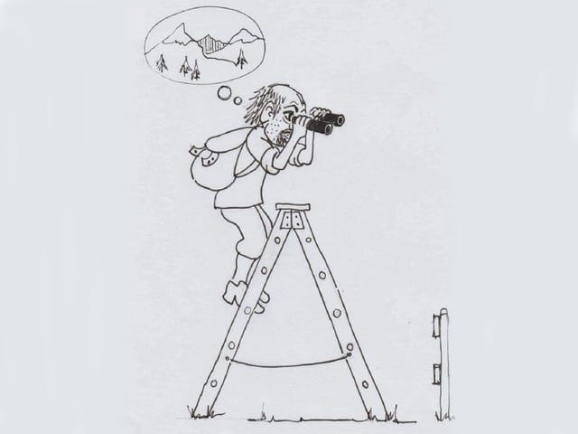 Zeichnung eines Mannes, der mit einem Fernrohr auf einer Leiter steht