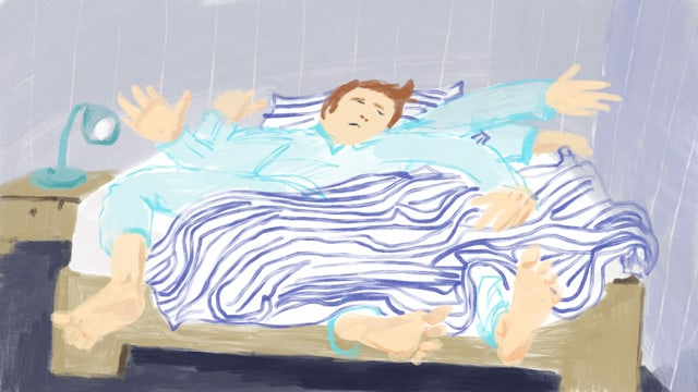 Illustration eines Mannes, der sich mit geschlossenen Augen wild im Bett wälzt. Illustration eines Mannes, der sich mit geschlossenen Augen wild im Bett wälzt.