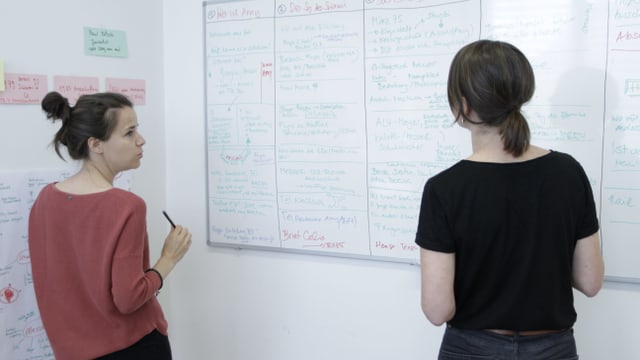 Sabine Meyer und Patricia Banzer vor einer Wand mit den Episodenbeschreibungen Sabine Meyer und Patricia Banzer vor einer Wand mit den Episodenbeschreibungen