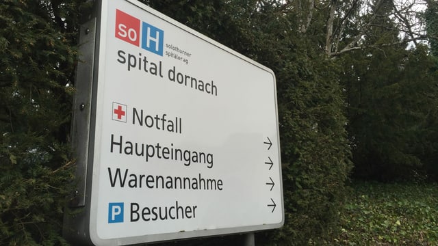 Schild mit Wegweisern zu Notfall und Haupteingang beim Spital Dornach