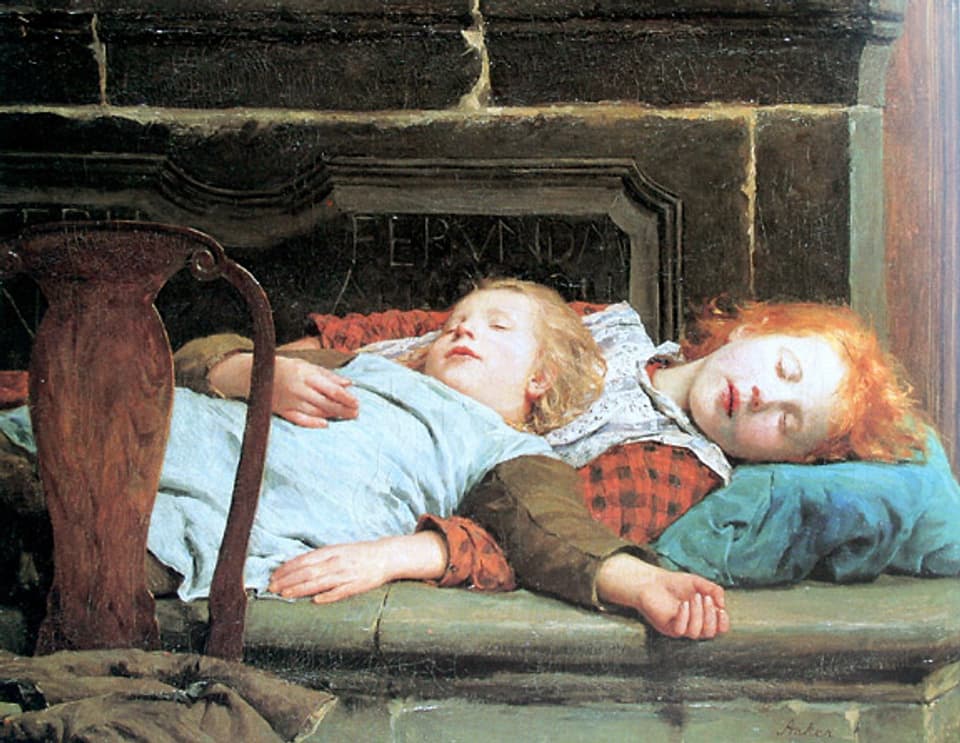 Zwei schlafende Mädchen auf der Ofenbank (1895).