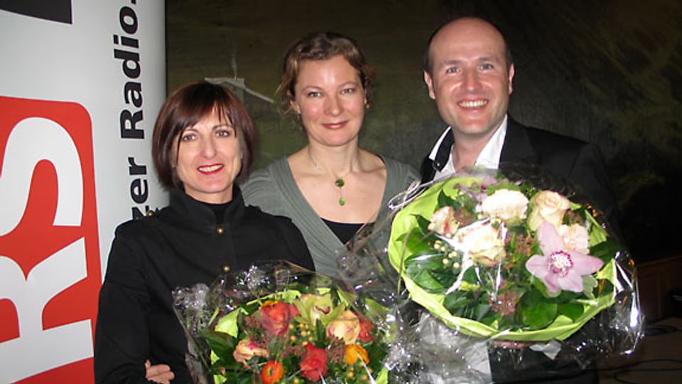 Barbara Vogel, DRS 1-Gastgeberin Karin Frei und Lorenz A. Fischer.