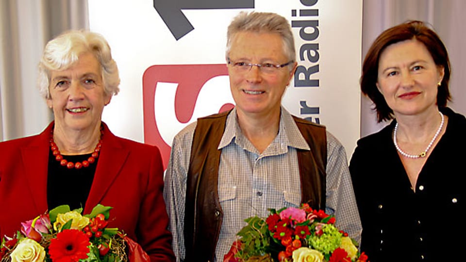 Caroline Hugener-Henggeler, Oswald Iten und DRS 1-Gastgeberin Katharina Kilchenmann.