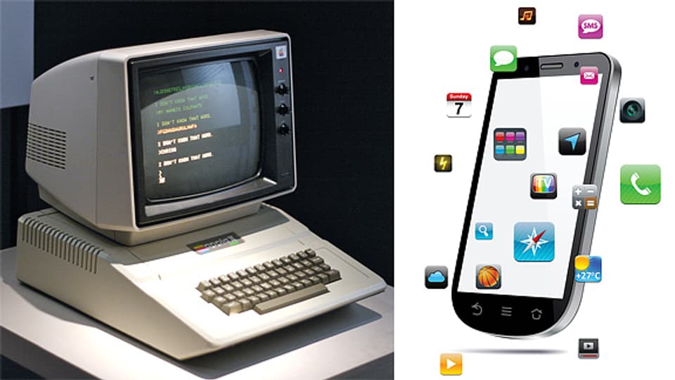 Der Apple II aus dem Jahr 1993 im Grössenvergleich zu einem heutigen Smartphone, das wesentlich mehr kann als seine Vor-, Vor-, Vorgänger.