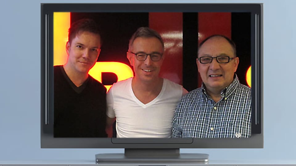 Diese 3 Moderatoren sind am Fernsehen zu sehen und im Radio zu hören: Sven Epiney, Dani Fohrler und Beni Thurnheer (v.l.n.r.).