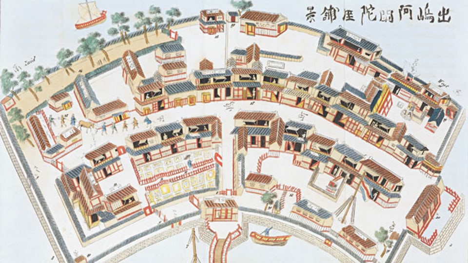 Ausschnitt aus japanischem Holzblockdruck von Toshimaya Bunjiemon um 1780. Der Druck zeigt den Grundriss der holländischen Handelsstation auf der Insel Dejima vor Nagasaki.