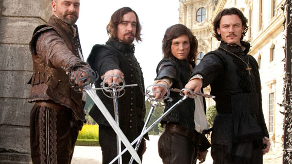 Von links: Porthos (Ray Stevenson), Athos (Matthew MacFaden), D’Artagnan (Logan Lerman) und Aramis (Luke Evans).