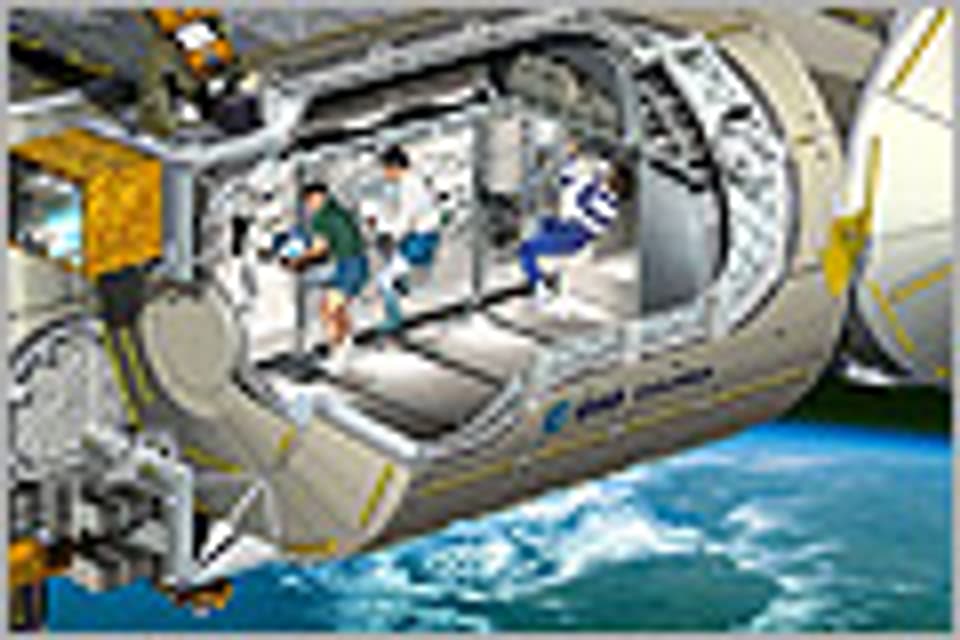 Die Zeichnung zeigt das Labor Columbus als Teil der Internationalen Raumstation ISS.