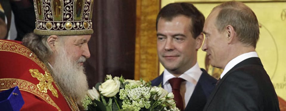 Mächtige Troika: Patriarch Kyrill, Ministerpräsident Medwedew und Präsident Putin