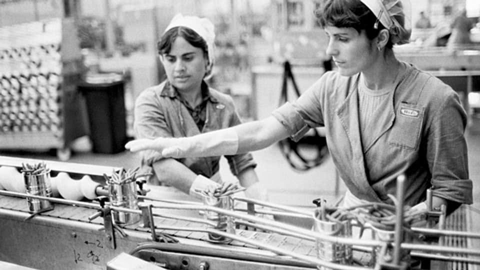 Fabrikarbeiterinnen am Abfülllaufband für Bohnen in der Konservenfabrik Hero in Frauenfeld, 1984.